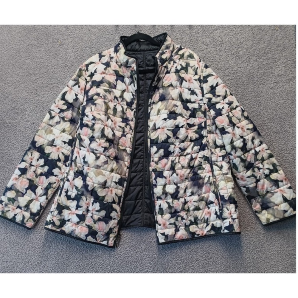 Basler Reversible Quilted Jacket 50 2X Black Floral Zip Lightweight Germany - Picture 2 of 11